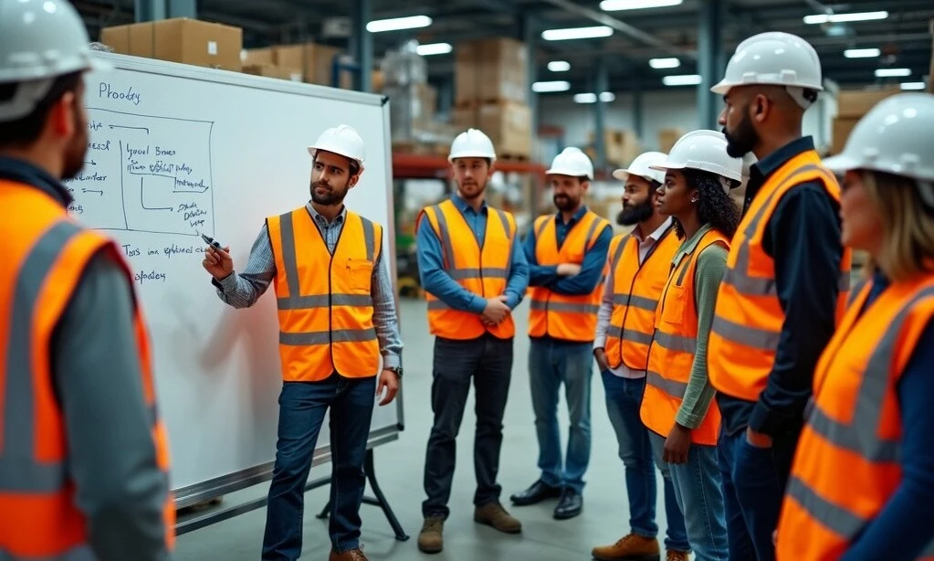 A supervisor, is Saudi Arabian factory, explains a safety protocol on a whiteboard to a diverse group of warehouse workers wearing high-visibility vests during their break.