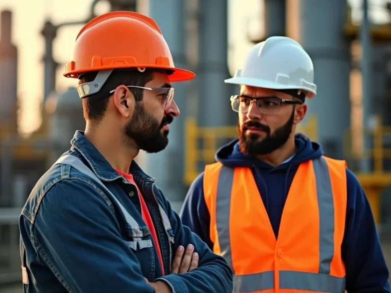 Two construction workers in an oil refinery setting are carefully selecting safety helmets and protective glasses, demonstrating their commitment to workplace safety.