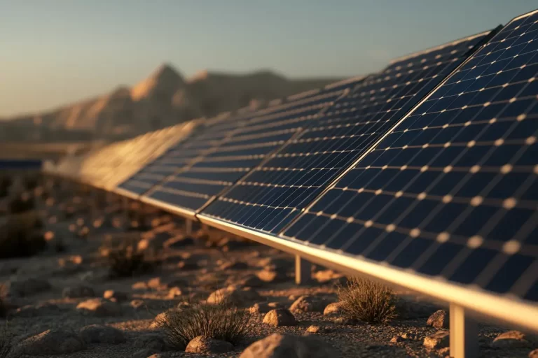 A futuristic vision of Saudi Arabia, transformed into a sustainable society with gleaming solar panels and lush green spaces, where businesses and the environment coexist in harmony.