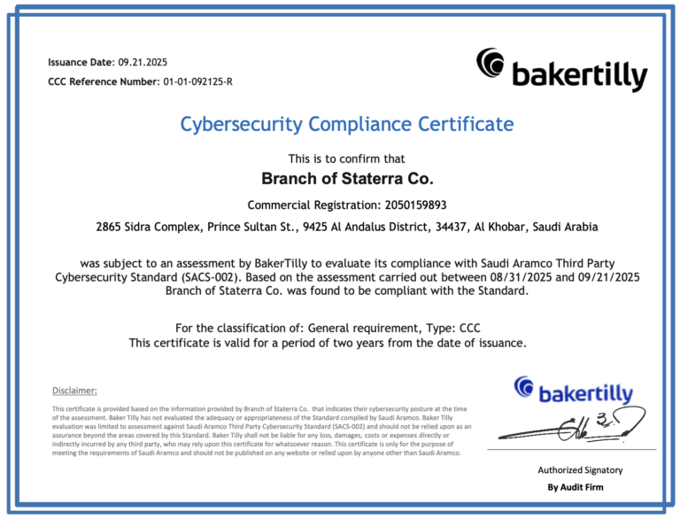 Staterra Saudi Aramco Cybersecurity Compliance Certificate