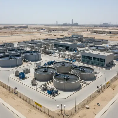 Industrial wastewater treatment facility in Jubail with treatment tanks and environmental monitoring equipment