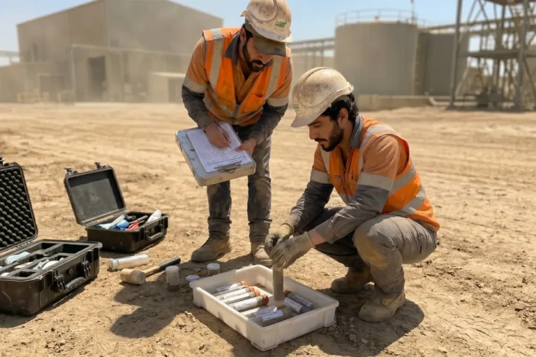 Environmental consultants taking soil core samples at an arid industrial site, field sheet and equipment cases on the ground