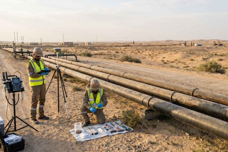 Environmental field survey beside onshore pipeline infrastructure in Saudi desert oilfield