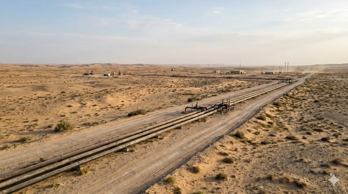 Aerial view of an onshore oil pipeline corridor crossing desert terrain in Saudi Arabia, illustrating ageing energy infrastructure and environmental risk.
