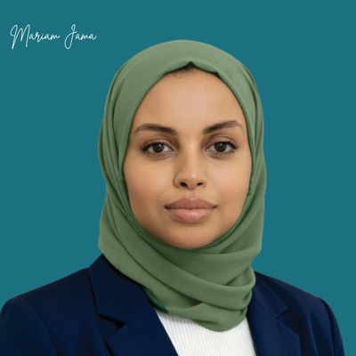 Portrait of a professional woman wearing a green hijab and navy blazer against a teal background, with a signature in the upper left.