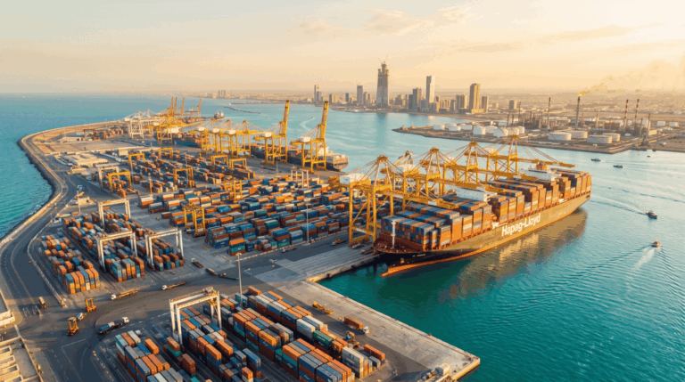 Aerial view of a busy harbor with colorful shipping containers, yellow gantry cranes, and a Hapag-Lloyd cargo ship docked at the quay.