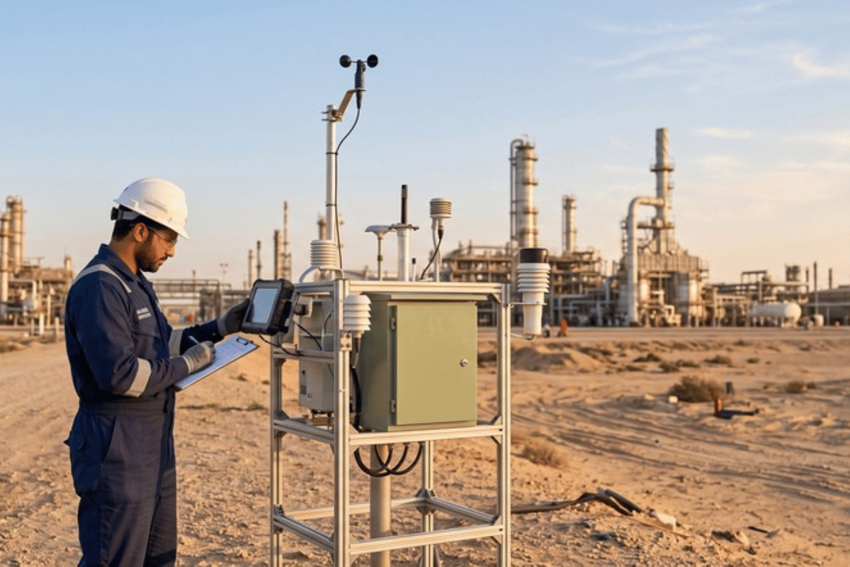 Environmental consultant inspecting air quality monitoring equipment at an oil and gas facility in Saudi Arabia