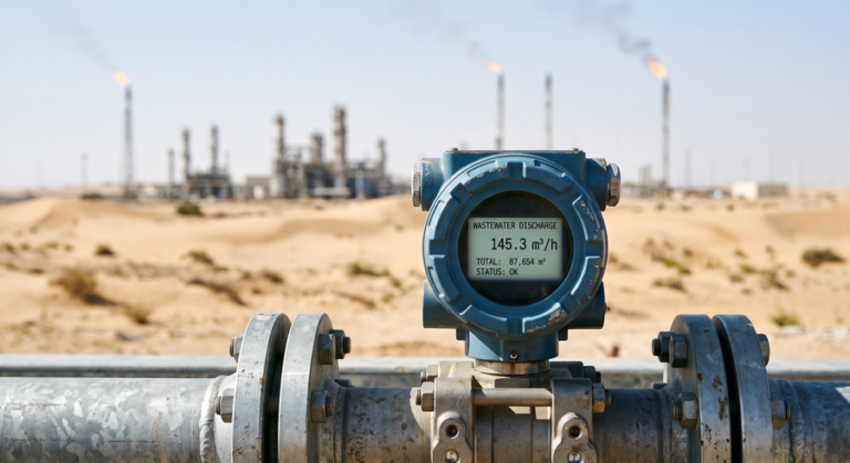 Wastewater discharge flow meter at an oil and gas facility in Saudi Arabia, with flare stacks visible in the background